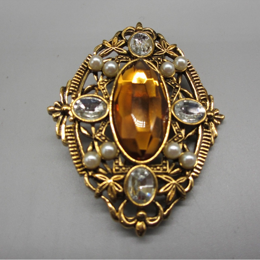 Avon Gold Brooch with Amber and Pearl Accents